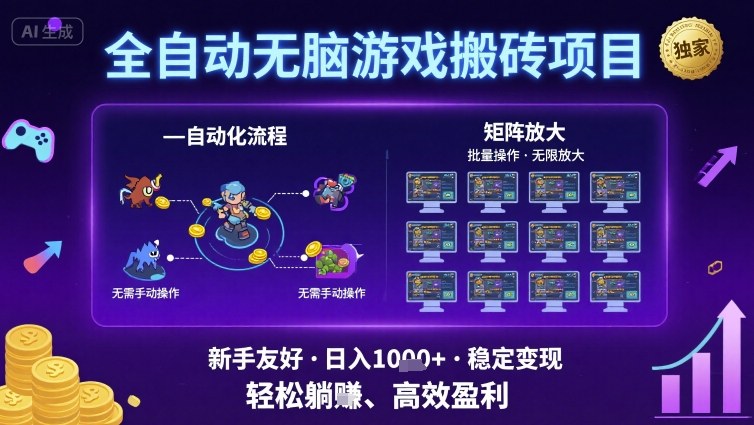 全自动无脑游戏搬砖项目，独家玩法，可批量矩阵无限放大，新手也能轻松日入1k+【揭秘】-网赚副业网