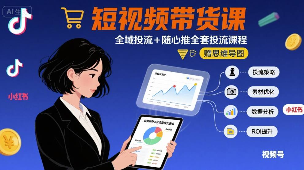最新短视频带货课,全域投流+随心推全套投流课程+思维导图-网赚副业网