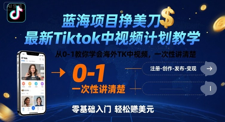 蓝海项目挣美刀，最新Tiktok中视频计划教学，从0-1教你学会海外TK中视频，一次性讲清楚-网赚副业网