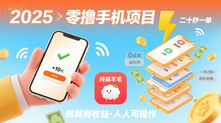 2025年零撸手机项目,二十秒一单,纯薅羊毛 一天2张+做就有-网赚副业网