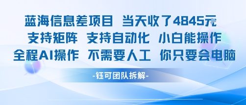 蓝海信息差项目当天收米1k+ 支持矩阵支持自动化小白能操作全程AI操作不需要人工你只要会电脑-网赚副业网
