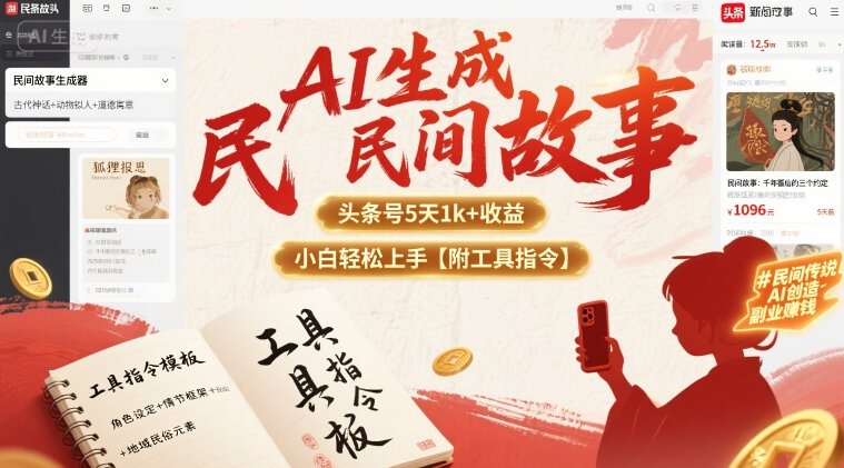 AI生成民间故事，头条号5天1k+，小白轻松上手【附工具指令】-网赚副业网