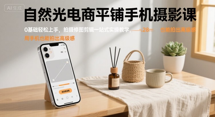 自然光电商平铺手机摄影课,0基础轻松上手,拍摄修图剪辑一站式实操教学,用手机也能拍出高级感-网赚副业网