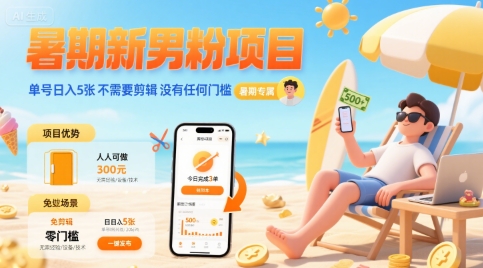 暑期新男粉项目 单号日入5张 不需要剪辑  没有任何门槛-网赚副业网