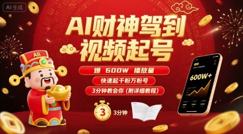 AI财神驾到视频起号,爆600W播放量,快速起千粉万粉号,3分钟教会你(附详细教程)-网赚副业网