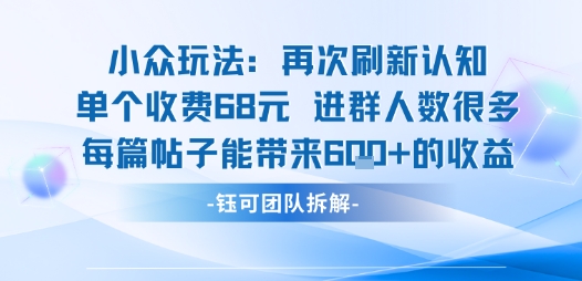 小众玩法再次刷新认知单个收费68米进群人数很多每篇帖子能带来6张的收益-网赚副业网