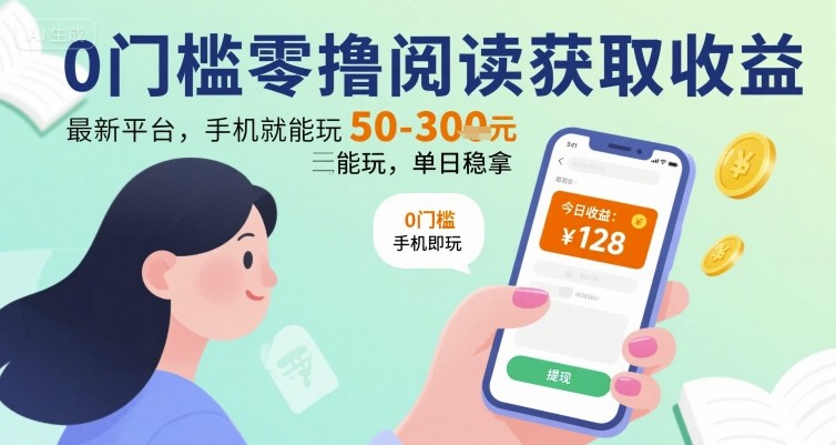 0门槛零撸阅读获取收益:最新平台,手机就能玩,单日稳拿 50-3张 【揭秘】-网赚副业网
