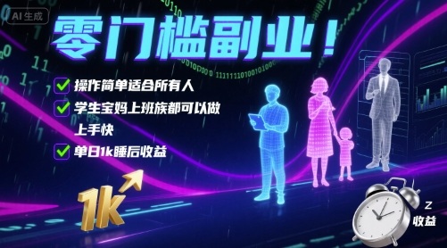 零门槛副业！操作简单适合所有人，学生宝妈上班族都可以做，上手快，单日1k睡后收益【揭秘】-网赚副业网