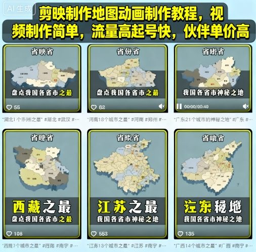 剪映制作地图动画制作教程,视频制作简单,流量高起号快,伙伴单价高-网赚副业网