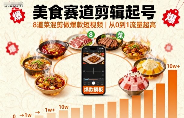 美食赛道剪辑起号,8道菜混剪做爆款短视频,从0到1,流量超高-网赚副业网