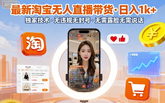 最新淘宝无人直播带货，日入1k+，独家技术，无违规无封号，无需露脸无需说话【揭秘】-网赚副业网