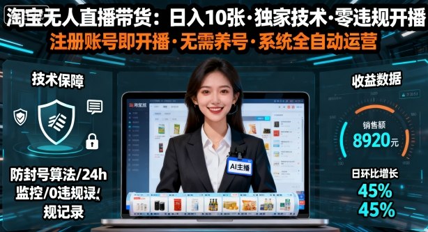 【最新】淘宝无人直播带货,日入10张,独家技术,无违规无封号,注册账号直接开播,不用养号【揭秘】-网赚副业网