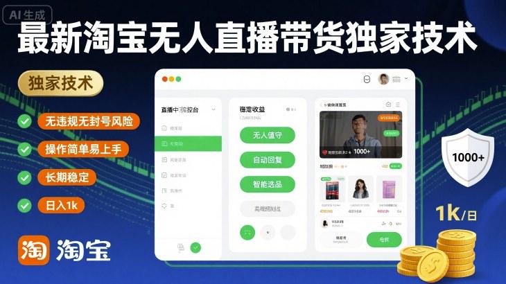 最新淘宝无人直播带货独家技术,无违规无封号风险,操作简单易上手,长期稳定日入1k【揭秘】-网赚副业网