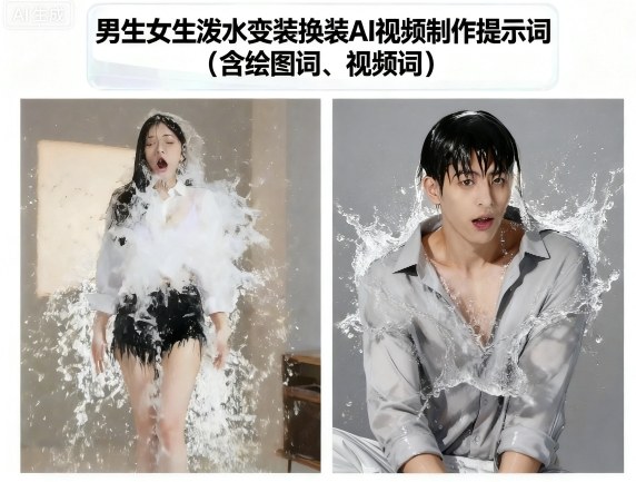 男生女生泼水变装换装AI视频制作提示词(含绘图词、视频词)-网赚副业网