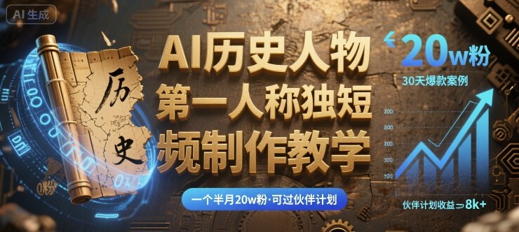 最新AI历史人物第一人称独白短视频制作教学,一个半月20w粉,可过伙伴计划-网赚副业网