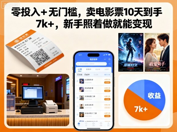 零投入+无门槛,卖电影票10天到手7k+,新手照着做就能变现【揭秘】-网赚副业网