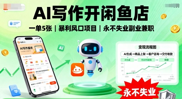 AI写作开闲鱼店,一单5张,暴利风口项目,永不失业副业兼职【全网首发】-网赚副业网