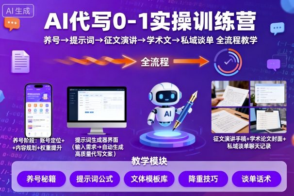 AI代写0-1实操训练营,从养号、提示词、征文演讲、学术文,到私域谈单的全流程教学-网赚副业网
