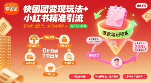 快团团变现玩法+小红书精准引流技巧,助你真正落地私域卖货,实现持续挣米-网赚副业网
