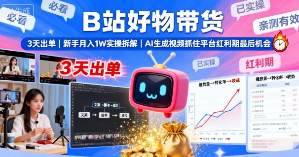 B站好物带货,3天出单,新手月入1W实操拆解,AI生成视频,抓住平台红利期最后机会-网赚副业网