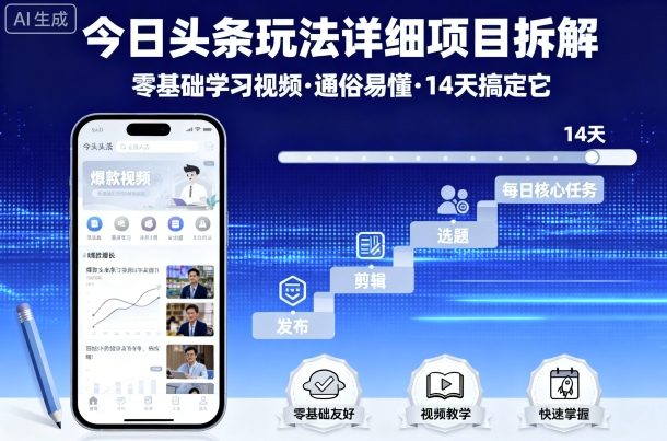 今日头条玩法详细项目拆解,零基础学习视频 通俗易懂 14天搞定它-网赚副业网