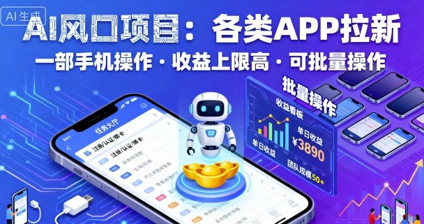 AI风口项目,各类APP拉新,一部手机就可以操作,收益上限高,可批量操作-网赚副业网