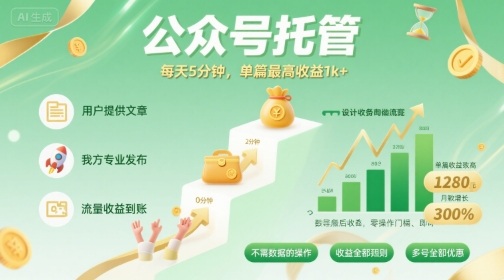 【公众号托管 】我提供文章,你发布,每天5分钟,单篇最高收益1k+【揭秘】-网赚副业网
