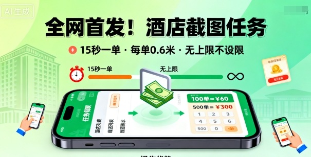 全网首发！酒店截图任务，15秒一单，每单0.6米，任务无上限不设限，矩阵操作单日3张到手【揭秘】-网赚副业网
