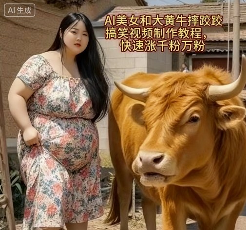 AI美女和大黄牛摔跤搞笑荒诞视频制作教程,快速涨千粉万粉-网赚副业网