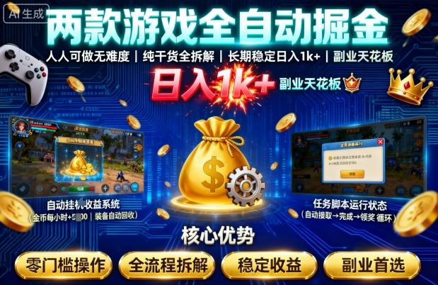 两款游戏全自动掘金，人人可做无难度，纯干货全拆解，长期稳定，日入1k+，副业天花板【揭秘】-网赚副业网