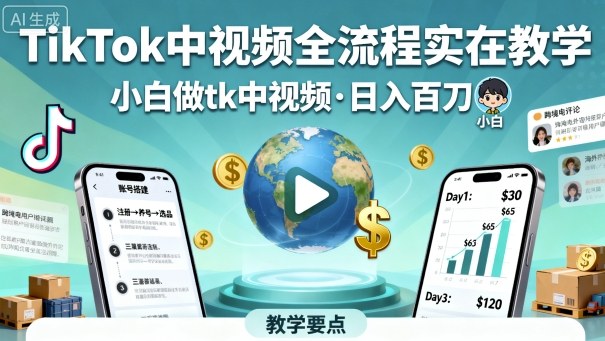 TikTok中视频全流程实操教学,小白做tk中视频,日入百刀-网赚副业网