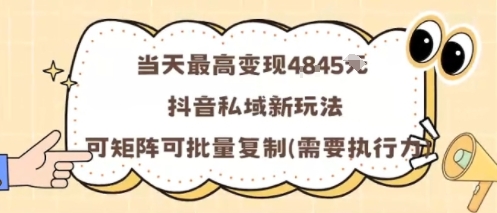 当天最高变现1k+,抖音私域新玩法,可矩阵可批量复制-网赚副业网