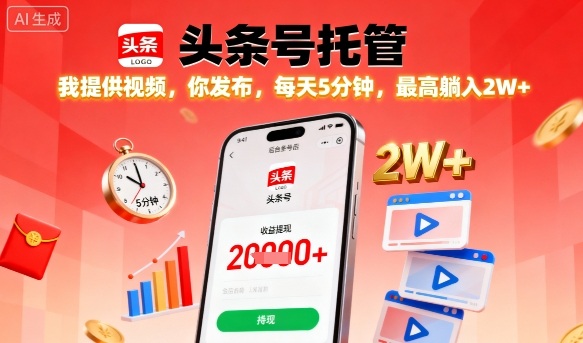 【头条号托管】我提供视频,你发布,每天5分钟,最高躺入2W+【揭秘】-网赚副业网