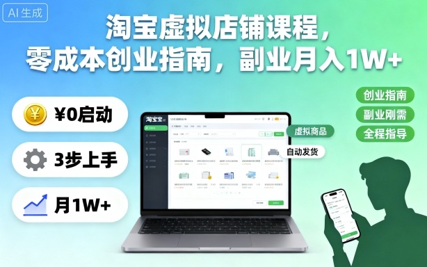淘宝虚拟店铺课程,零成本创业指南,副业月入1W+-网赚副业网