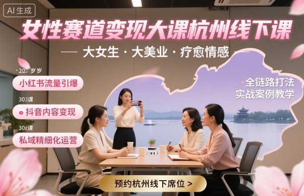 女性赛道变现大课杭州线下,大女生,大美业,疗愈情感,一套小红书、抖音、私域全链路打法-网赚副业网