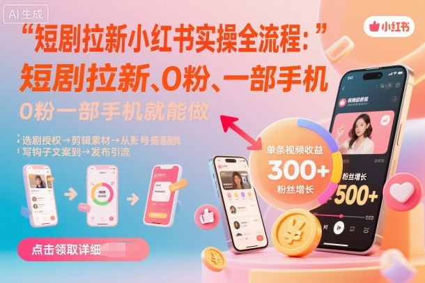短剧拉新小红书实操全流程，0粉一部手机就可以做，详细教程-网赚副业网