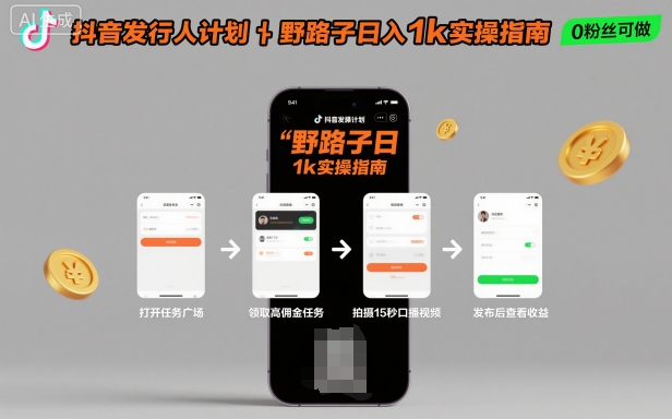 抖音发行人计划全新野路子玩法,随时随地,只要有手机,就能操作,日入1k+【揭秘】-网赚副业网