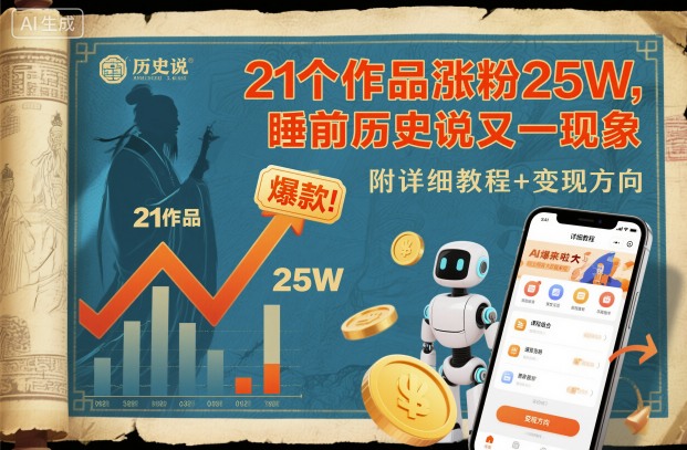 21个作品涨粉25W,睡前历史说又一现象级AI内容大爆款来啦,附详细教程+变现方向-网赚副业网