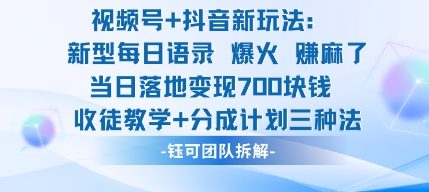 视频号加抖音新玩法:爆火新型每日语录,收徒教学加分成计划,三种变现玩法,当日变现7张-网赚副业网