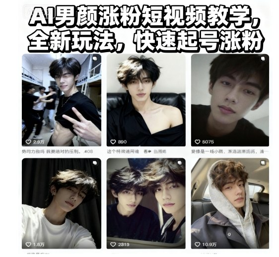 AI男颜涨粉短视频教学,全新玩法,快速起号涨粉-网赚副业网