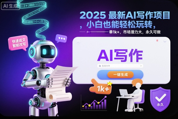 2025最新AI写作项目,小白也能轻松玩转,一单1k+,市场潜力大,永久可做-网赚副业网