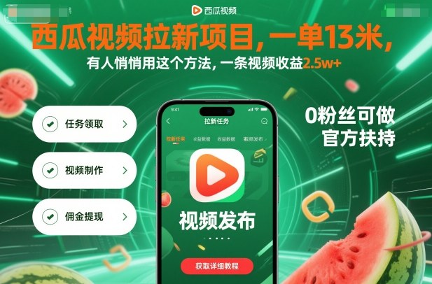 西瓜视频拉新项目,一单13米,有人悄悄用这个方法,一条视频收益2.5w+(附详细教程)-网赚副业网