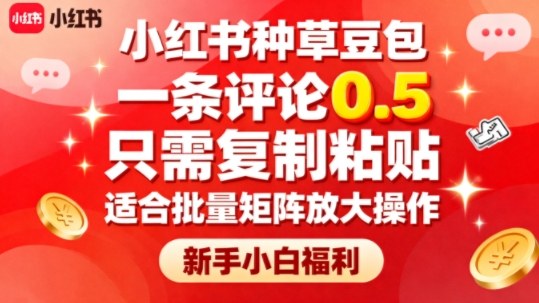 小红书种草豆包,一条评论0.5,只需复制粘贴,适合批量矩阵放大操作,新手小白福利-网赚副业网