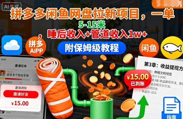 拼多多闲鱼网盘拉新项目,一单5-15米,睡后收入+管道收入1w+(附保姆级教程)-网赚副业网