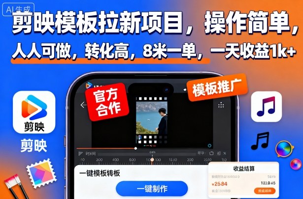剪映模板拉新项目,操作简单,人人可做,转化高,8米一单,一天收益1k+-网赚副业网