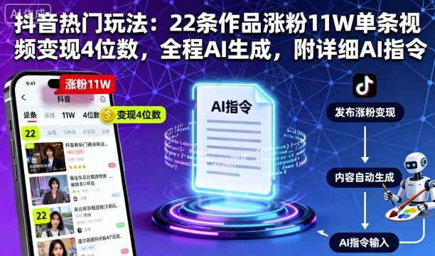 抖音热门玩法:22条作品涨粉11W单条视频变现4位数,全程AI生成,附详细AI指令-网赚副业网