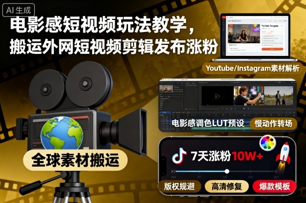 电影感短视频玩法教学,搬运外网短视频剪辑发布涨粉-网赚副业网