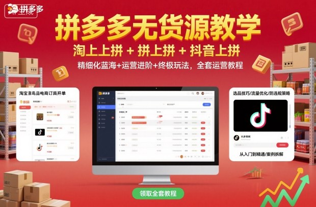 拼多多无货源教学,淘上拼+拼上拼+抖上拼,精细化蓝海+运营进阶+终极玩法,全套运营教程-网赚副业网