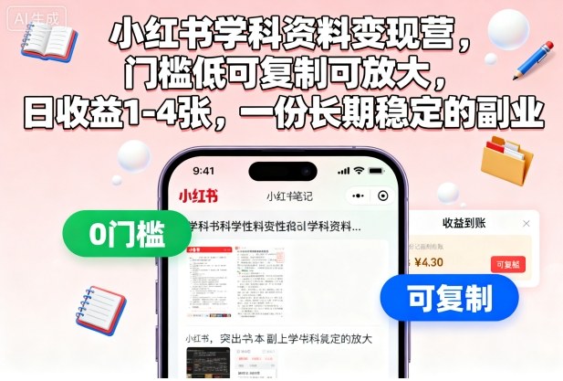 小红书学科资料变现营，门槛低可复制可放大，日收益1-4张，一份长期稳定的副业-网赚副业网