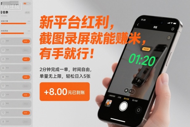 新平台红利，截图录屏就能賺米，有手就行！2分钟完成一单，时间自由，单量无上限，轻松日入5张【揭秘】-网赚副业网